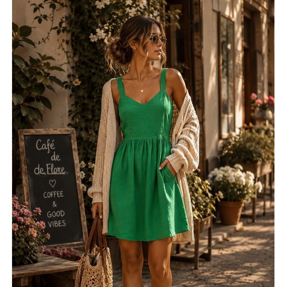 Cynthia Rowley Green 100% Linen V-Neck Mini Dress with Pockets Womens Small